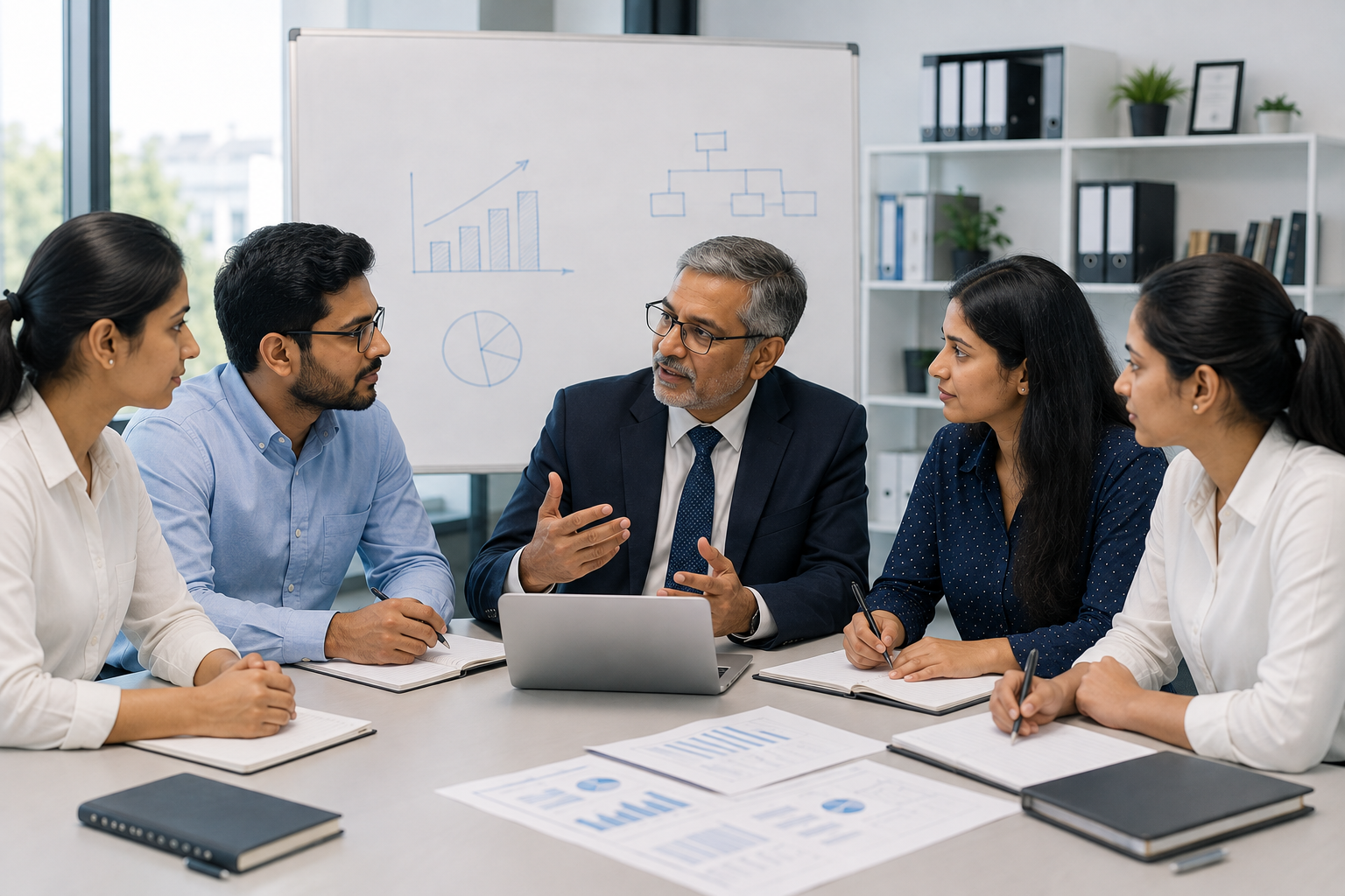 Research team reviewing statistical analysis